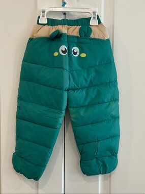 NWT Kids Green Puffer Snow Pants with Cute Face Detail